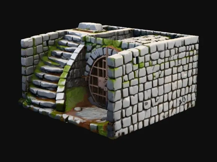 3D model for Hidden Passageway 中世の町の城壁近くにある暗い下水道の入り口。入り口は壁に沿った狭い階段の下にあり、錆びた鉄の門で塞がれている。