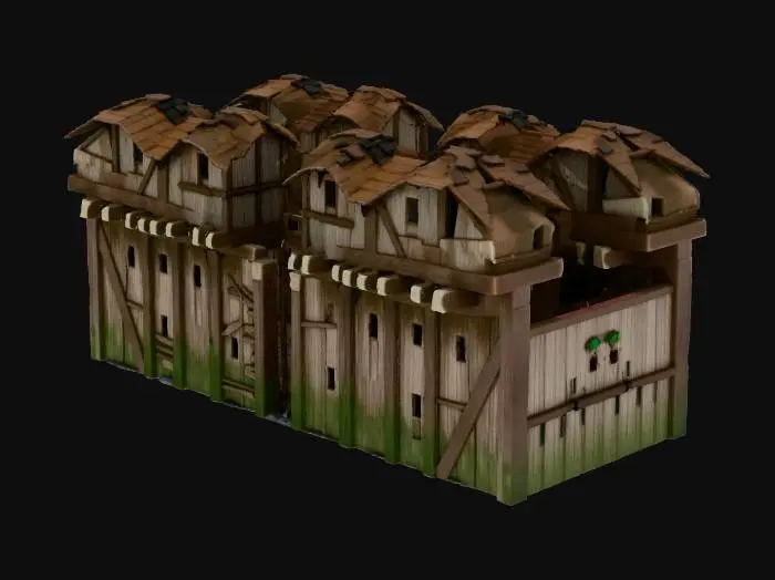 3D model for 中世の街の暗い路地裏の通路。通路の両側は、古く腐った木造の壁となっている。