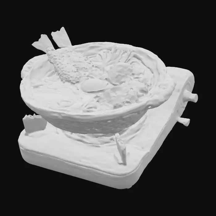 3D model for An illustration of nabe yaki udon (hot pot udon) actively cooking on a portable cassette stove. The broth is bubbling and steaming, and the ingredients (e.g., udon noodles, vegetables, sliced meat) are clearly visible in the pot.
Art style: Photorealistic, high detail, sharp focus, professional product photography, clean aesthetic.