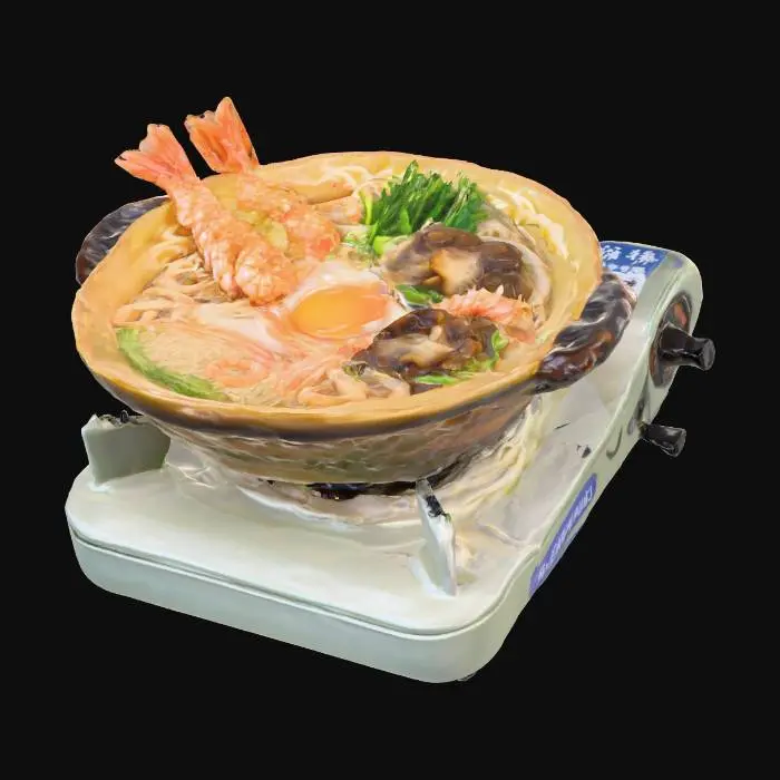 3D model for An illustration of nabe yaki udon (hot pot udon) actively cooking on a portable cassette stove. The broth is bubbling and steaming, and the ingredients (e.g., udon noodles, vegetables, sliced meat) are clearly visible in the pot.
Art style: Photorealistic, high detail, sharp focus, professional product photography, clean aesthetic.