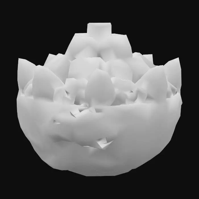 3D model for 豪華で精緻な中国の神龍が描かれた、赤い陶器製の高級フルーツボウルは、滑らかな光沢を放ちます。中央には、鮮やかな黄色の角切りパイナップルが山盛りに積まれています。その周囲には、深い青色の丸いブルーベリー、凹凸のある赤いラズベリー、そして艶やかな赤いストロベリーが、彩り豊かに配置されています。フルーツはどれも瑞々しくジューシーな質感です。