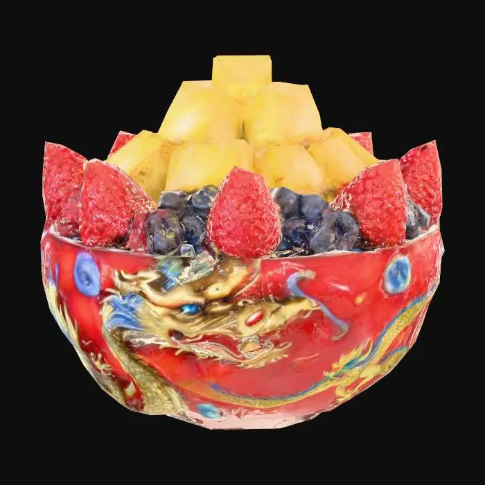 3D model for 豪華で精緻な中国の神龍が描かれた、赤い陶器製の高級フルーツボウルは、滑らかな光沢を放ちます。中央には、鮮やかな黄色の角切りパイナップルが山盛りに積まれています。その周囲には、深い青色の丸いブルーベリー、凹凸のある赤いラズベリー、そして艶やかな赤いストロベリーが、彩り豊かに配置されています。フルーツはどれも瑞々しくジューシーな質感です。