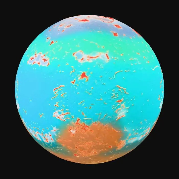 3D model for 広大な宇宙に浮かぶこの惑星は、球形を保ちながらも、その地表は地球とは異なる独特の構成を示しています。深い青色の広大な海洋が表面の約7割を占め、残りの3割には、侵食された高原、鋭利な山脈、そして巨大な裂け目を持つ奇妙な形の陸地が複雑に絡み合っています。海洋は滑らかで深淵な質感、陸地は粗く岩がちな質感を持ち、緑や褐色、赤土の色合いが混じり合っています。