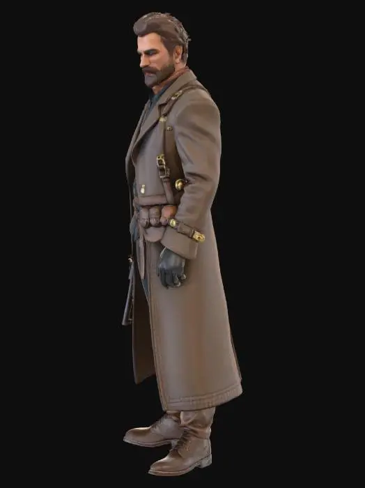 3D model for A realistic third-person RPG male protagonist from early 1900s Ottoman Empire. A hardened secret operatives “fedai” agent with sharp eyes and a cold determined expression. Tall, athletic but lean build. Wearing period-accurate late Ottoman clothing: dark tailored coat, vest, leather belts, shoulder straps, ammunition pouches, Ottoman officer style boots, gloves. Subtle military details but civilian enough to blend into crowds. Small scars on face, short well-kept beard, messy yet intentional hair. Holstered pistol (Browning style), hidden knife, subtle historical elegance mixed with danger. Cinematic, dark gritty tone, grounded realism, highly detailed, AAA game character, TPS-ready design.