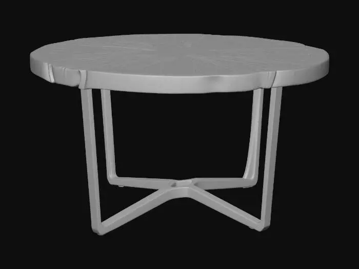 3D model for Organic live-edge dining table with a circular polished teak wood slab top. Keep the perimeter imperfect and natural: uneven live edge with subtle waves, small knots, and occasional bark-line voids filled with clear or dark resin. Top surface is smooth with a glossy clearcoat, showing rich golden-brown teak grain swirling radially, visible pore texture, and faint sanding lines. Underside has a slight chamfer and natural irregularity. Support with a sturdy sculptural base: matte black powder-coated metal pedestal with curved intersecting legs or a flared cone, clean weld seams and subtle bevels. Wood material: low metalness, medium roughness under clearcoat, detailed normal map for grain and pores. Centered, single object, watertight geometry.
