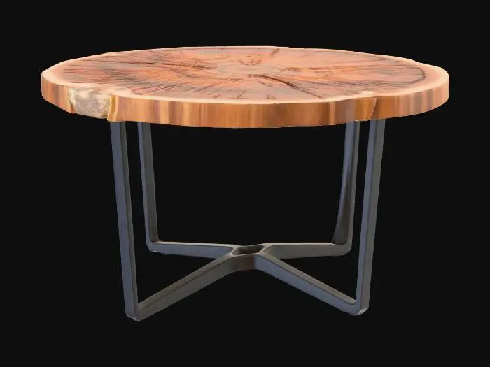 3D model for Organic live-edge dining table with a circular polished teak wood slab top. Keep the perimeter imperfect and natural: uneven live edge with subtle waves, small knots, and occasional bark-line voids filled with clear or dark resin. Top surface is smooth with a glossy clearcoat, showing rich golden-brown teak grain swirling radially, visible pore texture, and faint sanding lines. Underside has a slight chamfer and natural irregularity. Support with a sturdy sculptural base: matte black powder-coated metal pedestal with curved intersecting legs or a flared cone, clean weld seams and subtle bevels. Wood material: low metalness, medium roughness under clearcoat, detailed normal map for grain and pores. Centered, single object, watertight geometry.