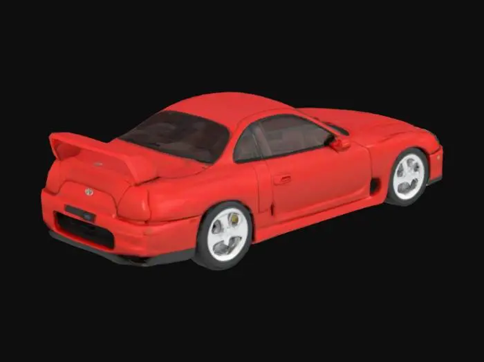 3D model for Generate a high-quality, realistic 3D model asset of a 1995 Toyota Supra Mk4. Geometry should be high-poly with accurate proportions and clean topology, suitable for rendering. Capture fine details accurately, including headlights, taillights (distinctive style), spoiler, panel gaps, and wheels. Include a moderately detailed interior visible through windows (dashboard, seats, steering wheel). Basic undercarriage geometry sufficient. Model should be at real-world scale. Generate realistic PBR texture sets (Albedo, Normal, Roughness, Metallic maps) at 4K resolution. Apply textures for a Renaissance Red gloss paint finish. Include appropriate PBR materials for glass, trim, tires, lights (emissive when on), and interior. Provide clean, non-overlapping UV maps. Output in