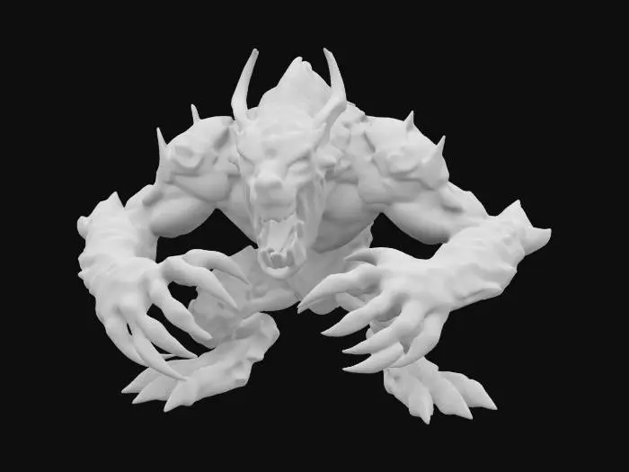 3D model for fantasy cyber monster with a huge mouth full of teeth, a massive muscular cyber body, attacking everything around, standing on massive legs and slashing around with its front paws, in action, extremely detailed high-resolution texture, epic stance