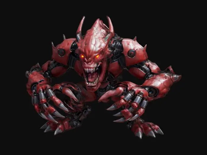 3D model for fantasy cyber monster with a huge mouth full of teeth, a massive muscular cyber body, attacking everything around, standing on massive legs and slashing around with its front paws, in action, extremely detailed high-resolution texture, epic stance