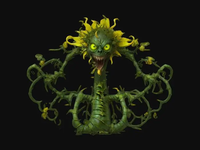 3D model for fantasy monster flower, twisted thorny body, long tendrils instead of hands, body covered in thorns and leaves, scary face, extremely details, high resolution texture, epic stance