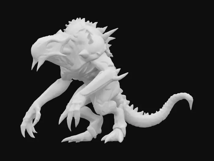 3D model for sci-fi alien beast, massive hunched body, massive limbs ending in spikes, massive muzzle, elegant body surface covered with artificial skin, detailed face with dark eyes, extremely detailed, high resolution texture, epic stance