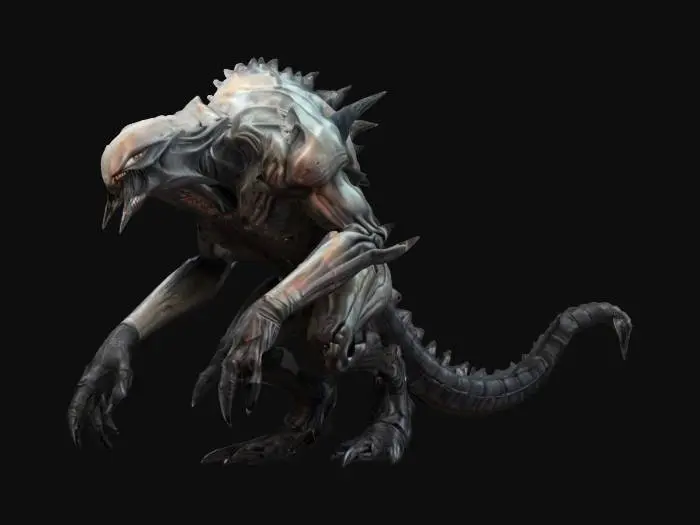 3D model for sci-fi alien beast, massive hunched body, massive limbs ending in spikes, massive muzzle, elegant body surface covered with artificial skin, detailed face with dark eyes, extremely detailed, high resolution texture, epic stance