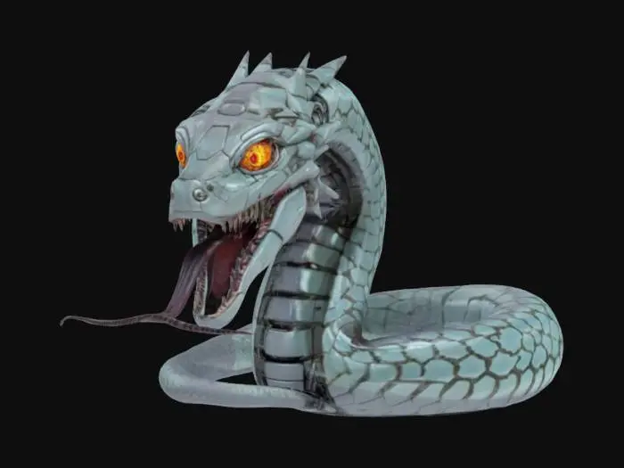 3D model for sci-fi robotic scary snake, massive body, large head with large jaw, body covered in plated armor, bright electronic eyes and long tongue, extremely detailed, high resolution texture, epic stance, #AroundTheWorld#