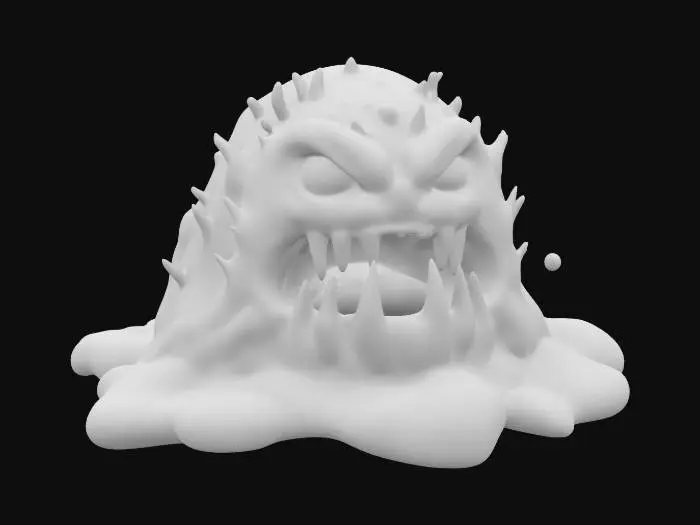3D model for fantasy demonic pile of transparent slime, shapeless gelatinous liquid body, scary expression with a large mouth, extremely detailed, high sharp resolution texture, hyperrealistic, epic stance