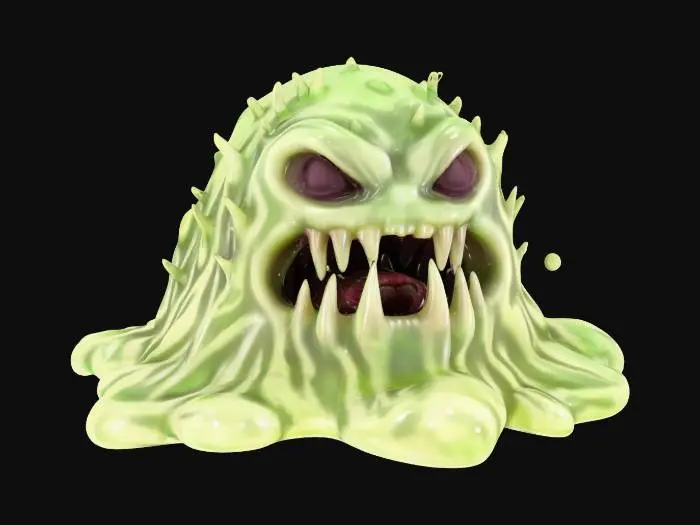 3D model for fantasy demonic pile of transparent slime, shapeless gelatinous liquid body, scary expression with a large mouth, extremely detailed, high sharp resolution texture, hyperrealistic, epic stance