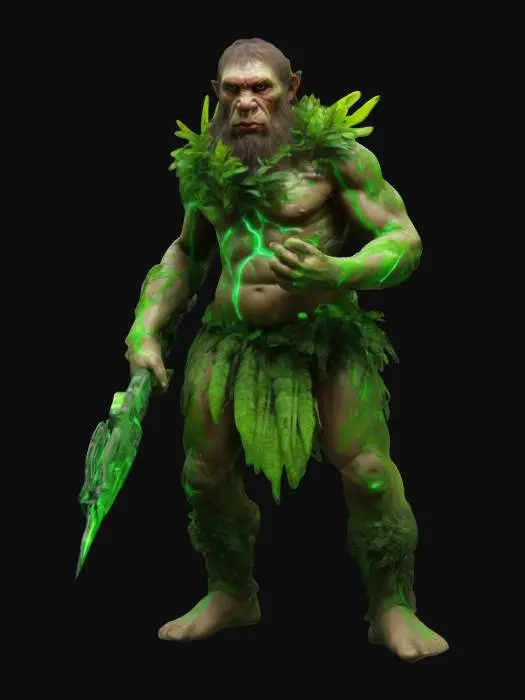 3D model for neanderthal with sci-fi plant's weapons and his body is covered in plants, the weapons has a neon green plasma surface, they radiate energy, body in epic stance, extremely details, high resolution texture, #ChronoForgeWeapon#