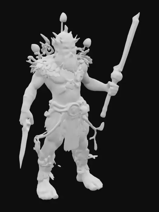 3D model for neanderthal with sci-fi plant's weapons and his body is covered in plants, the weapons has a neon green plasma surface, they radiate energy, body in epic stance, extremely details, high resolution texture, #ChronoForgeWeapon#