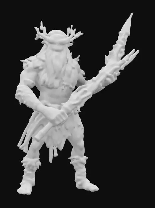 3D model for neanderthal with sci-fi plant's weapons and his body is covered in plants, the weapons has a neon green plasma surface, they radiate energy, body in epic stance, extremely details, high resolution texture, #ChronoForgeWeapon#