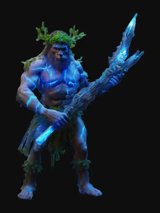 3D model for neanderthal with sci-fi plant's weapons and his body is covered in plants, the weapons has a neon green plasma surface, they radiate energy, body in epic stance, extremely details, high resolution texture, #ChronoForgeWeapon#