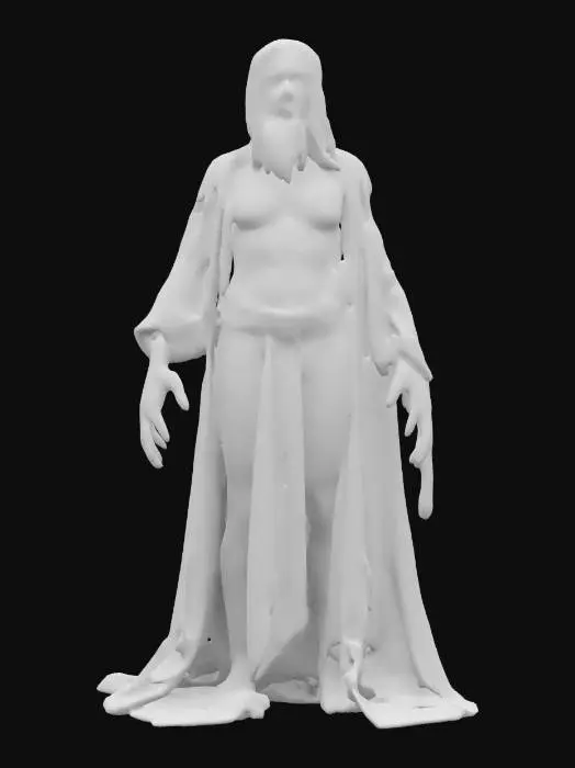 3D model for sci-fi decrepit and emaciated creature of mage alchemist, intended, coming from other corners of a distant galaxy, skin is dotted with burns and cracks, eyes blazing with pale and dead light, long disheveled hair and beard, clothing is old ritual robes on which are shining runes, extremely details, high resolution texture, epic stance