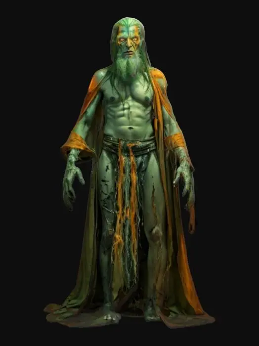 3D model for sci-fi decrepit and emaciated creature of mage alchemist, intended, coming from other corners of a distant galaxy, skin is dotted with burns and cracks, eyes blazing with pale and dead light, long disheveled hair and beard, clothing is old ritual robes on which are shining runes, extremely details, high resolution texture, epic stance
