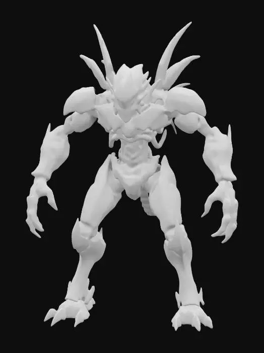 3D model for sci-fi bloodthirsty robotic creature with fangs in a metal mouth, long limbs stretched out in front of itself with metal claws, in attack, body covered with obsidian-metal armor, energetic elements all over the body that shine brightly into the surroundings, extremely details, higi resolution texture, blood splatter on armor