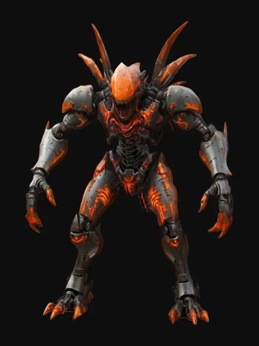 3D model for sci-fi bloodthirsty robotic creature with fangs in a metal mouth, long limbs stretched out in front of itself with metal claws, in attack, body covered with obsidian-metal armor, energetic elements all over the body that shine brightly into the surroundings, extremely details, higi resolution texture, blood splatter on armor