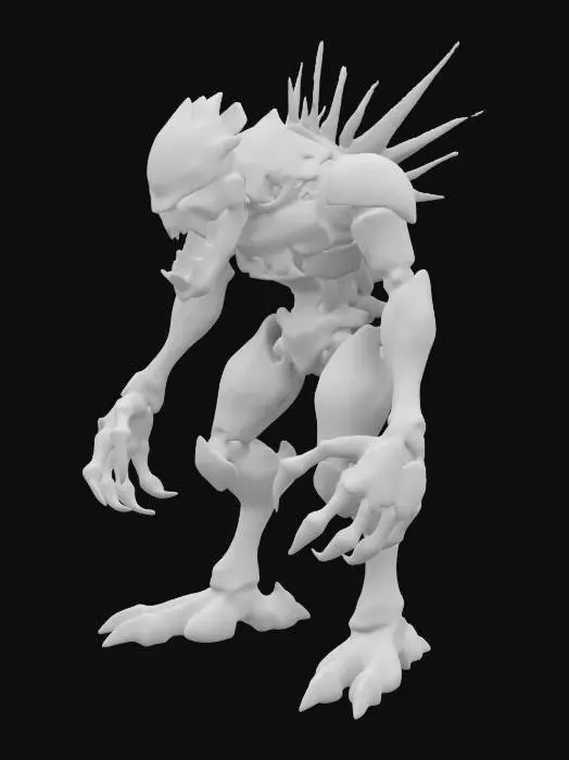 3D model for sci-fi bloodthirsty robotic creature with fangs in a metal mouth, long limbs stretched out in front of itself with metal claws, in attack, body covered with obsidian-metal armor, energetic elements all over the body that shine brightly into the surroundings, extremely details, higi resolution texture, blood splatter on armor