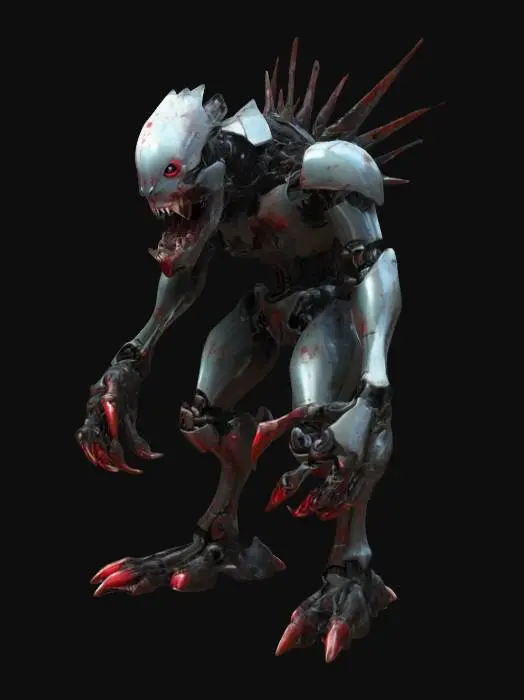 3D model for sci-fi bloodthirsty robotic creature with fangs in a metal mouth, long limbs stretched out in front of itself with metal claws, in attack, body covered with obsidian-metal armor, energetic elements all over the body that shine brightly into the surroundings, extremely details, higi resolution texture, blood splatter on armor