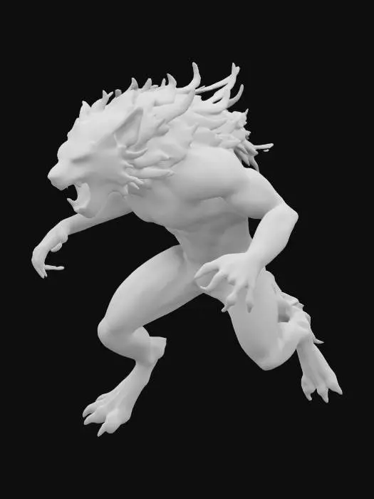 3D model for fantasy prehistoric werewolf humanoid in jump, in attack, open muzzle full of sharp long fangs, long claws ready to strike, bristling hair, powerful muscles, extremely details, high resolution texture, epic stance