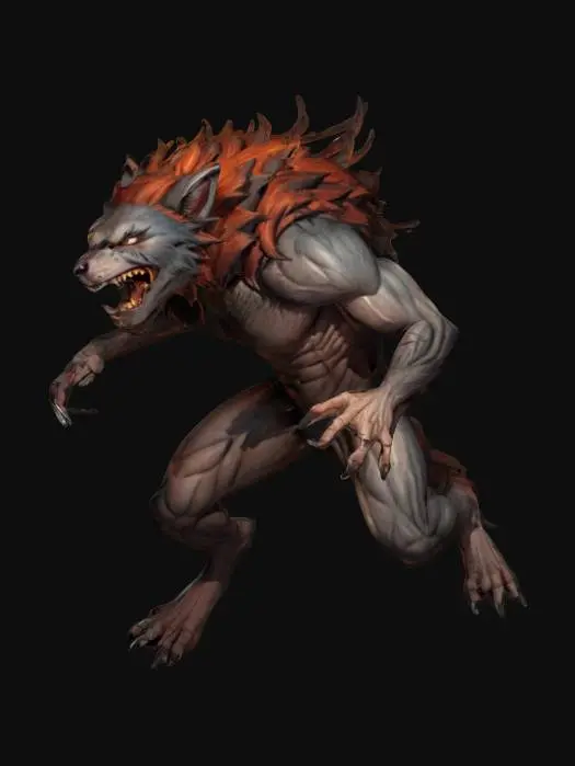 3D model for fantasy prehistoric werewolf humanoid in jump, in attack, open muzzle full of sharp long fangs, long claws ready to strike, bristling hair, powerful muscles, extremely details, high resolution texture, epic stance