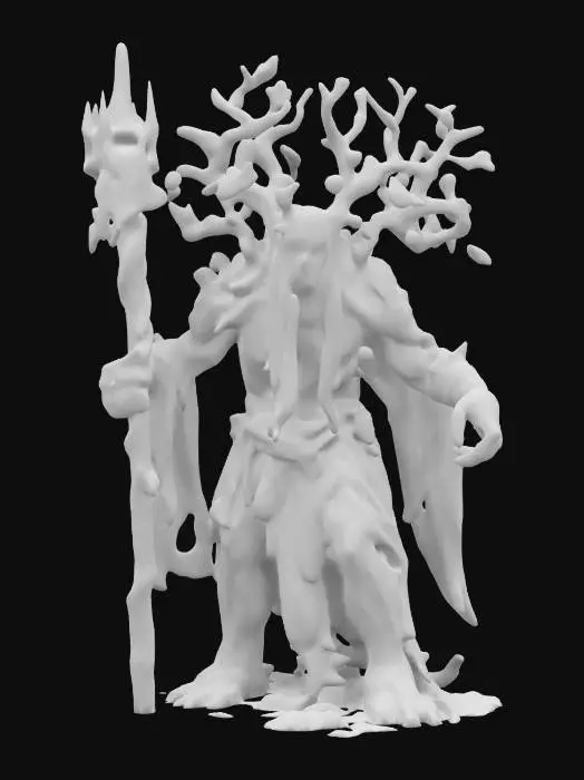 3D model for fantasy hermit forest elemental, emaciated body branched like a tree, torn clothes or robe, strong oak staff, body covered with moss and leaves, bright green rays of energy emanating from the body in places, extremely detailed, high resolution texture, epic image