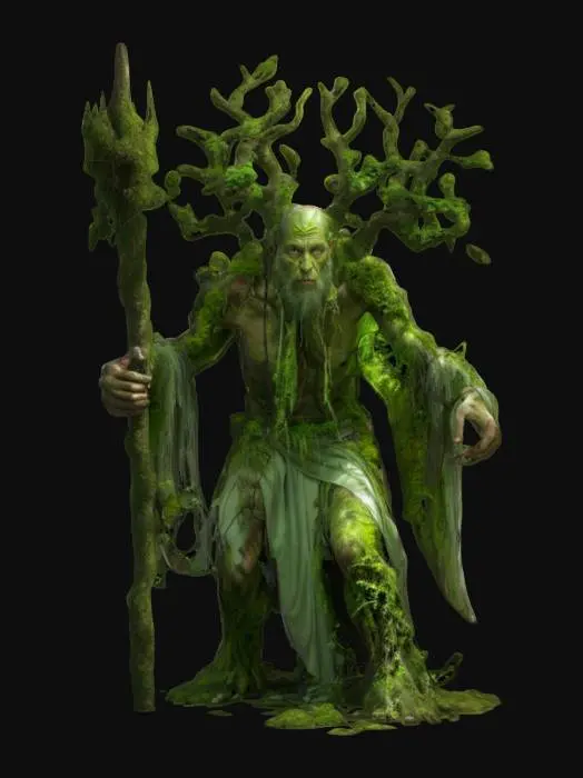 3D model for fantasy hermit forest elemental, emaciated body branched like a tree, torn clothes or robe, strong oak staff, body covered with moss and leaves, bright green rays of energy emanating from the body in places, extremely detailed, high resolution texture, epic image