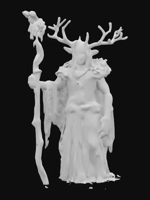 3D model for fantasy hermit forest elemental, emaciated body branched like a tree, torn clothes or robe, strong oak staff, body covered with moss and leaves, bright green rays of energy emanating from the body in places, extremely detailed, high resolution texture, epic image