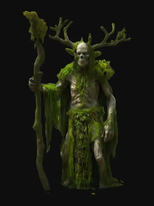 3D model for fantasy hermit forest elemental, emaciated body branched like a tree, torn clothes or robe, strong oak staff, body covered with moss and leaves, bright green rays of energy emanating from the body in places, extremely detailed, high resolution texture, epic image
