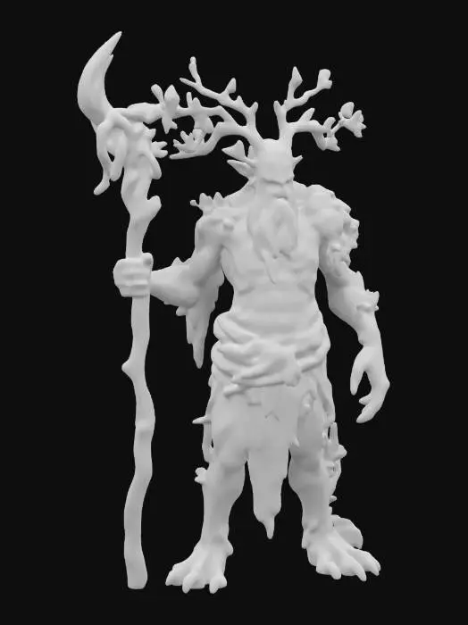 3D model for fantasy hermit forest elemental, emaciated body branched like a tree, torn clothes or robe, strong oak staff, body covered with moss and leaves, bright green rays of energy emanating from the body in places, extremely detailed, high resolution texture, epic image