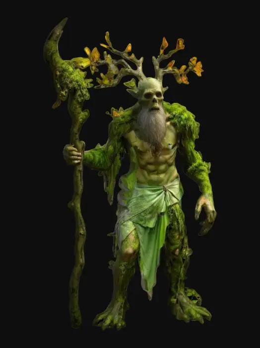 3D model for fantasy hermit forest elemental, emaciated body branched like a tree, torn clothes or robe, strong oak staff, body covered with moss and leaves, bright green rays of energy emanating from the body in places, extremely detailed, high resolution texture, epic image