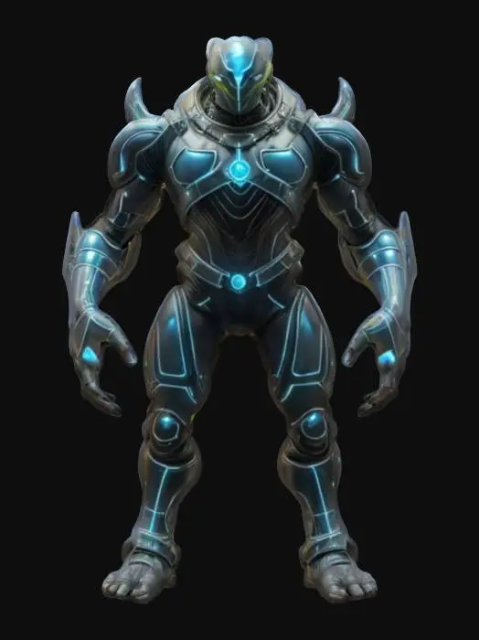 3D model for sci-fi alien conqueror, massive body of technological supports, graceful body curves, special elengant platic-metal spacesuit on body, glowing symbols all over body, menacing head with a menacing look, extremely details, high resolution texture, epic stance