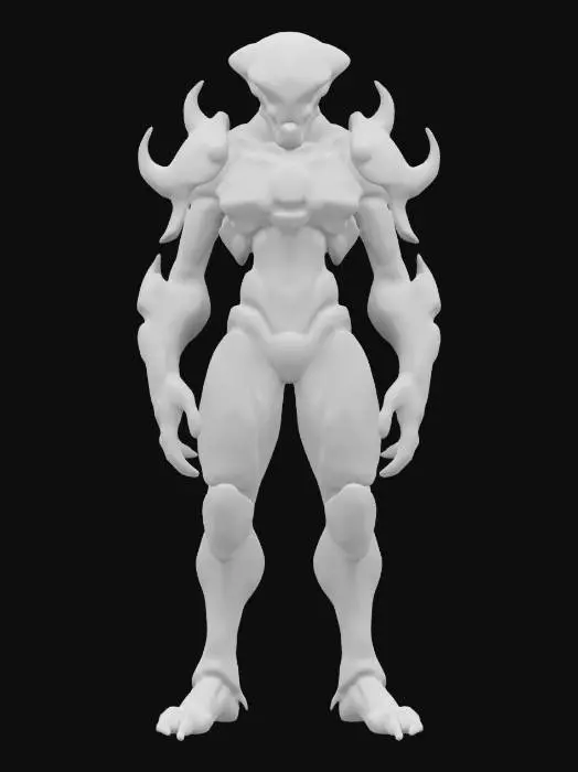 3D model for sci-fi alien conqueror, massive body of technological supports, graceful body curves, special elengant platic-metal spacesuit on body, glowing symbols all over body, menacing head with a menacing look, extremely details, high resolution texture, epic stance