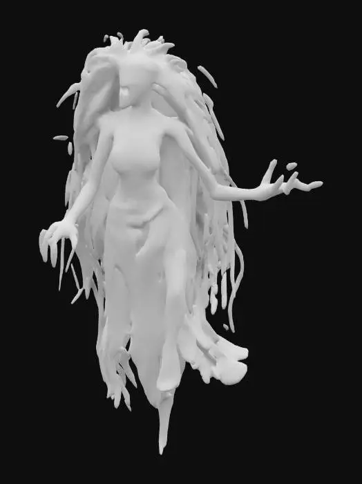 3D model for fantasy banshee ghost, extremely emaciated figure, long white flowing hair, torn silk dress fluttering in the wind, bony outstretched hands with claws, in action, floating in the air, most often widely screaming, extremely detailed, high resolution texture, epic stance