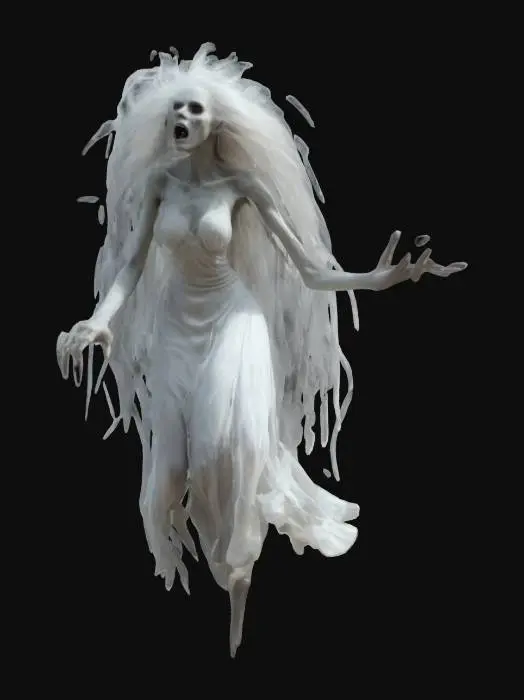 3D model for fantasy banshee ghost, extremely emaciated figure, long white flowing hair, torn silk dress fluttering in the wind, bony outstretched hands with claws, in action, floating in the air, most often widely screaming, extremely detailed, high resolution texture, epic stance