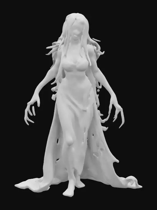 3D model for fantasy banshee ghost, extremely emaciated figure, long white flowing hair, torn silk dress fluttering in the wind, bony outstretched hands with claws, in action, floating in the air, most often widely screaming, extremely detailed, high resolution texture, epic stance