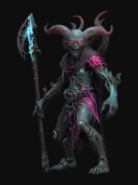 3D model for fantasy monster of mage, half human half lich, grim expression on face, twisted old body, dark magic, cybernetic weapons or laser staff in hand, old torn clothes with bold colors, extremely detailed, high resolution texture, epic stance, #ChronoForgeWeapon#