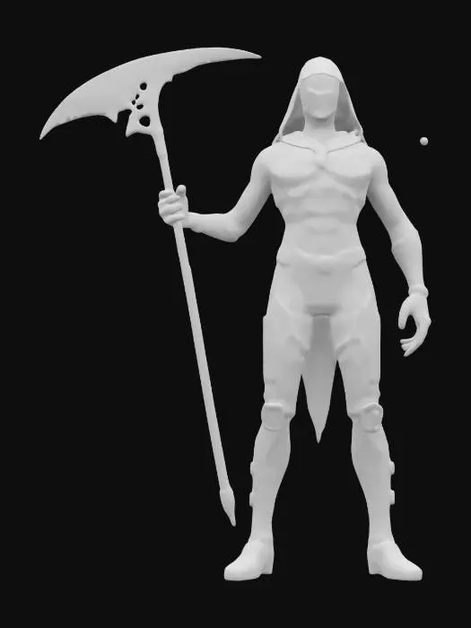3D model for sci-fi fantasy cyber grim reaper, slim body covered in plastic tunic, laser electronic scythe in hand, in attack, extremely detailed, high resolution texture, epic stance