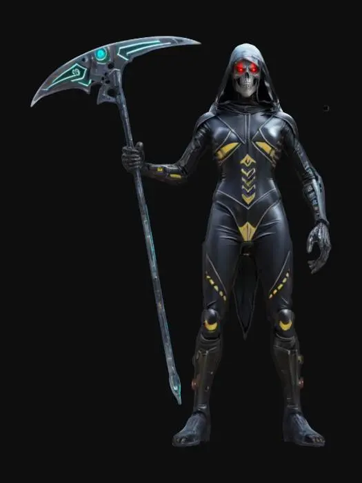 3D model for sci-fi fantasy cyber grim reaper, slim body covered in plastic tunic, laser electronic scythe in hand, in attack, extremely detailed, high resolution texture, epic stance