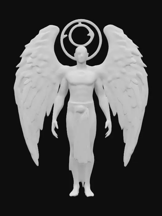 3D model for gigantic being radiating divine light, smooth face with a third eye on its forehead and glowing spheres instead of eyes, broken wings levitate like light fragments, it wears star armor, parts of which float around its body, its fingers are elongated, tipped with luminous nails, instead of blood, liquid light flows from it, leaving sparkling dust, rotating circles of light float above its head, extremely details, high resolution texture, epic stance