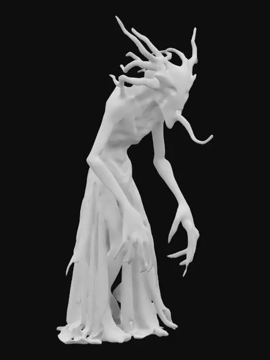 3D model for slender, tall creature with elongated limbs and dark skin that absorbs light, with cracks on its body resembling eclipses, its eyes are like black holes with red flashes, its jaw looks like a snake's, revealing rows of needle-like teeth, it wears shreds of shadow cloak, it stands hunched over, its head slowly tilts, it watches its prey, ready for sudden attack, extremely details, high resolution texture, epic stance