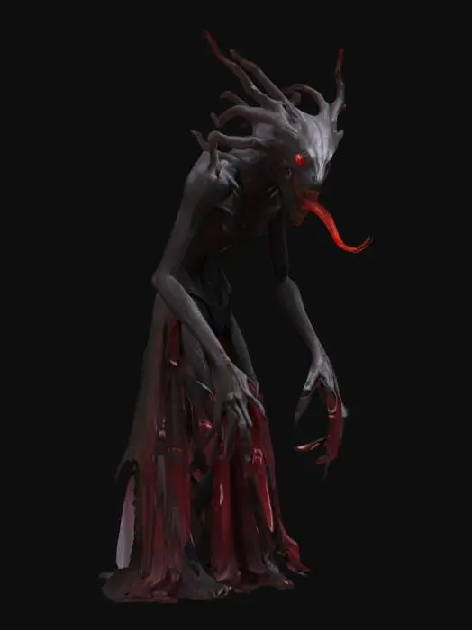 3D model for slender, tall creature with elongated limbs and dark skin that absorbs light, with cracks on its body resembling eclipses, its eyes are like black holes with red flashes, its jaw looks like a snake's, revealing rows of needle-like teeth, it wears shreds of shadow cloak, it stands hunched over, its head slowly tilts, it watches its prey, ready for sudden attack, extremely details, high resolution texture, epic stance