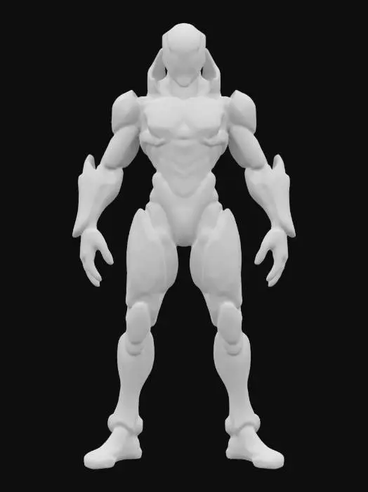 3D model for sci-fi cyber alien conqueror, massive body of technological supports, graceful body curves, special elengant platic-metal spacesuit on body, glowing symbols all over body, menacing head with a menacing look, extremely details, high resolution texture, epic stance