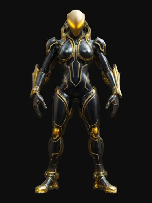 3D model for sci-fi cyber alien conqueror, massive body of technological supports, graceful body curves, special elengant platic-metal spacesuit on body, glowing symbols all over body, menacing head with a menacing look, extremely details, high resolution texture, epic stance